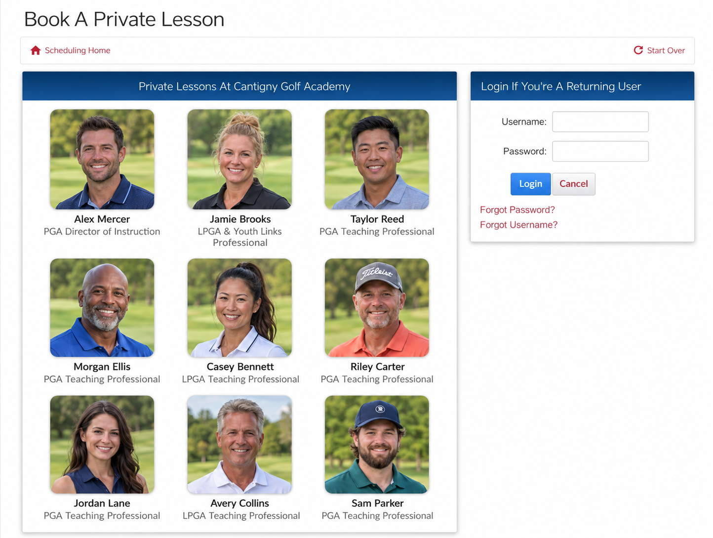 Student booking screen with nine fictional golf instructors and generated profile photos